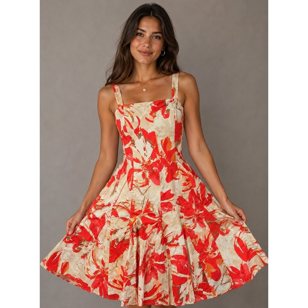 Madison Leigh Dress Womens 8 Coral Floral Fit Flare Sundress Back Zip Adjustable